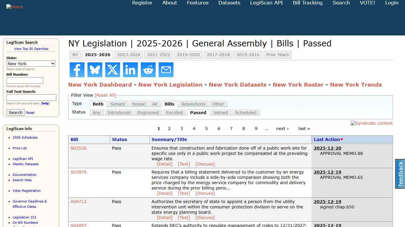 NY Legislation 2025-2026 General Assembly Bills Passed LegiScan